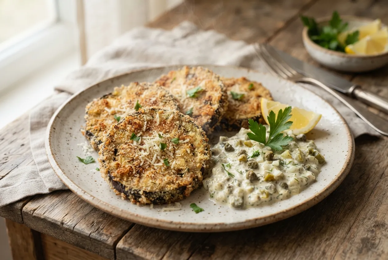 Milanesas de berenjena al horno con salsa tártara