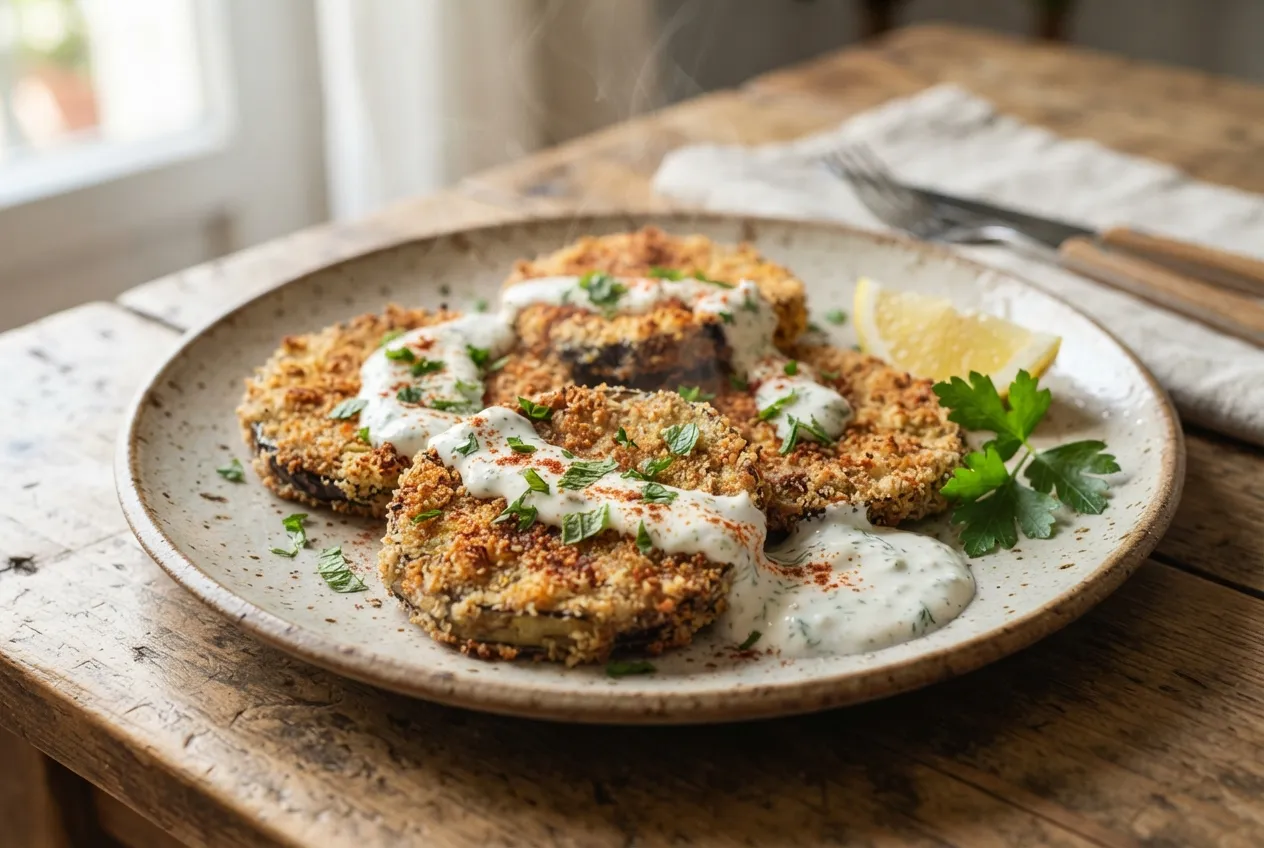 Milanesas de berenjena al horno con salsa de yogur