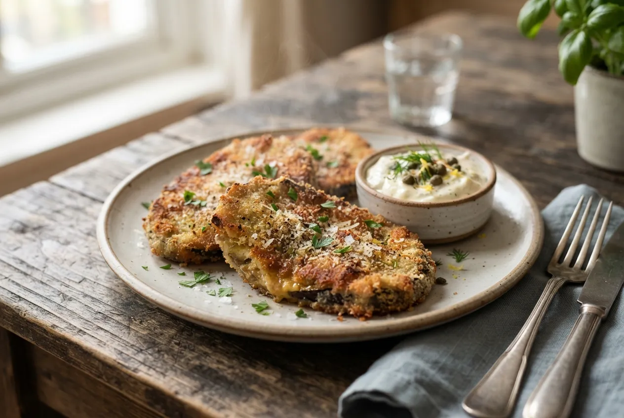 Milanesas de berenjena rebozadas con salsa tártara