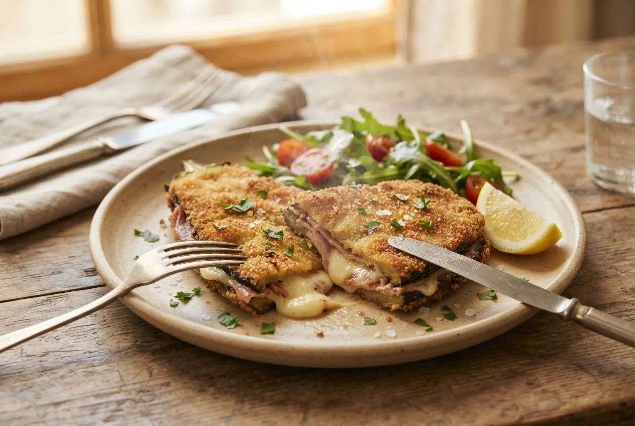 Milanesas de berenjena rellenas con jamón y queso