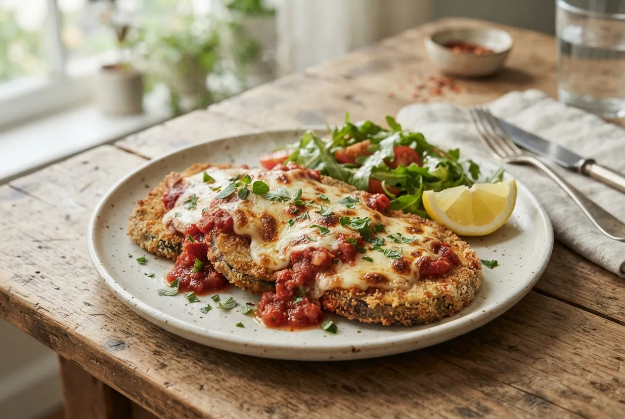 Milanesas de berenjena con salsa de tomate y queso