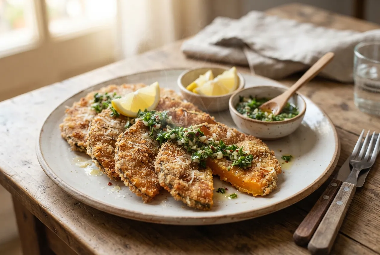 Milanesas de calabaza fritas con salsa de ajo y perejil