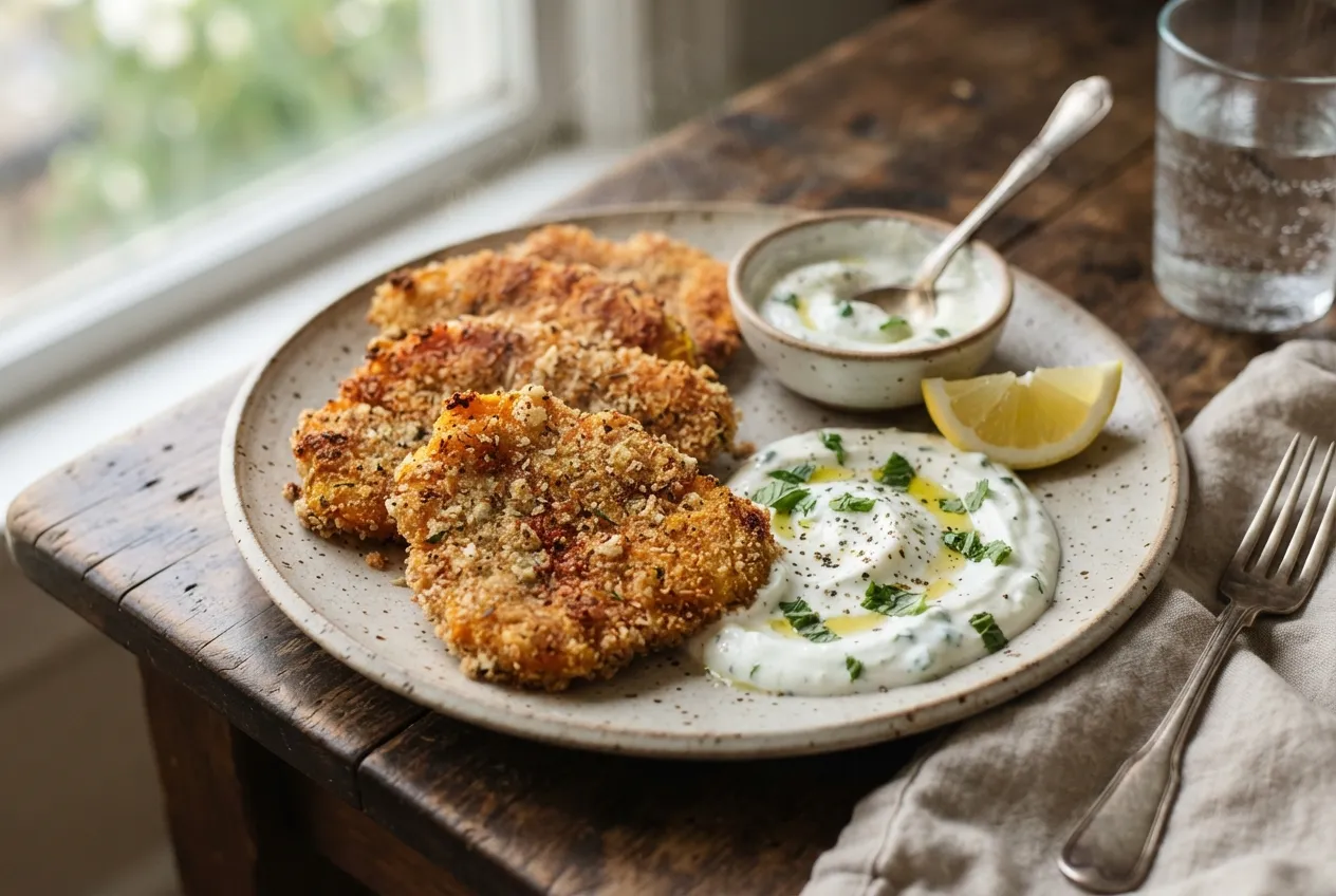 Milanesas de calabaza al horno con salsa de yogur y menta