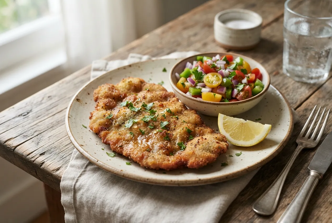 Milanesas de carne con ensalada criolla para el almuerzo