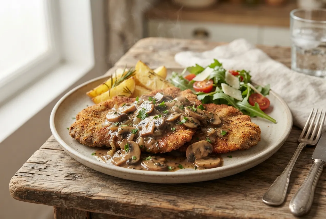 Milanesas de carne al horno con salsa de champignones