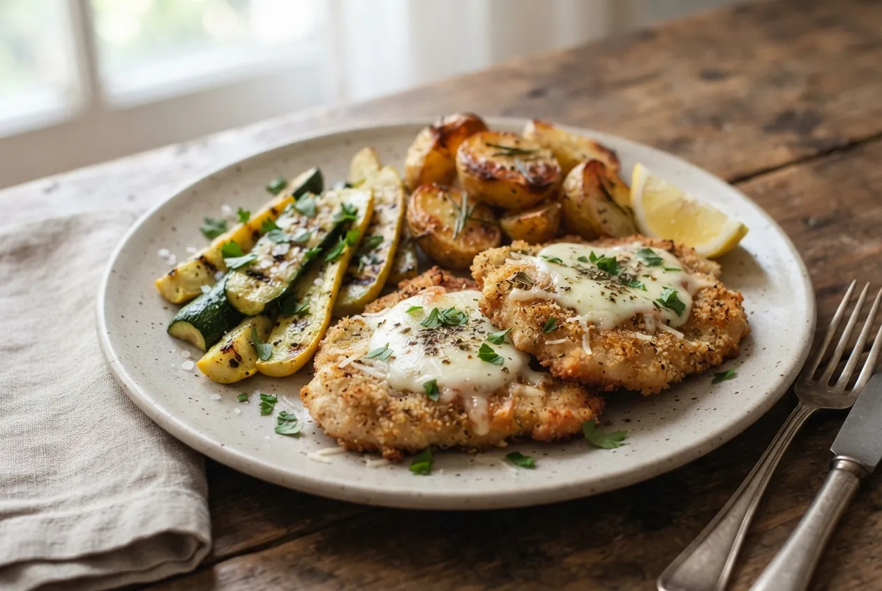 Milanesas al horno con papa y zapallitos grillados
