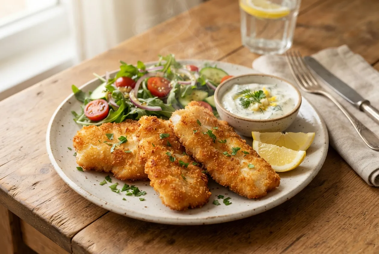 Milanesas de pescado con salsa de yogurt y limón