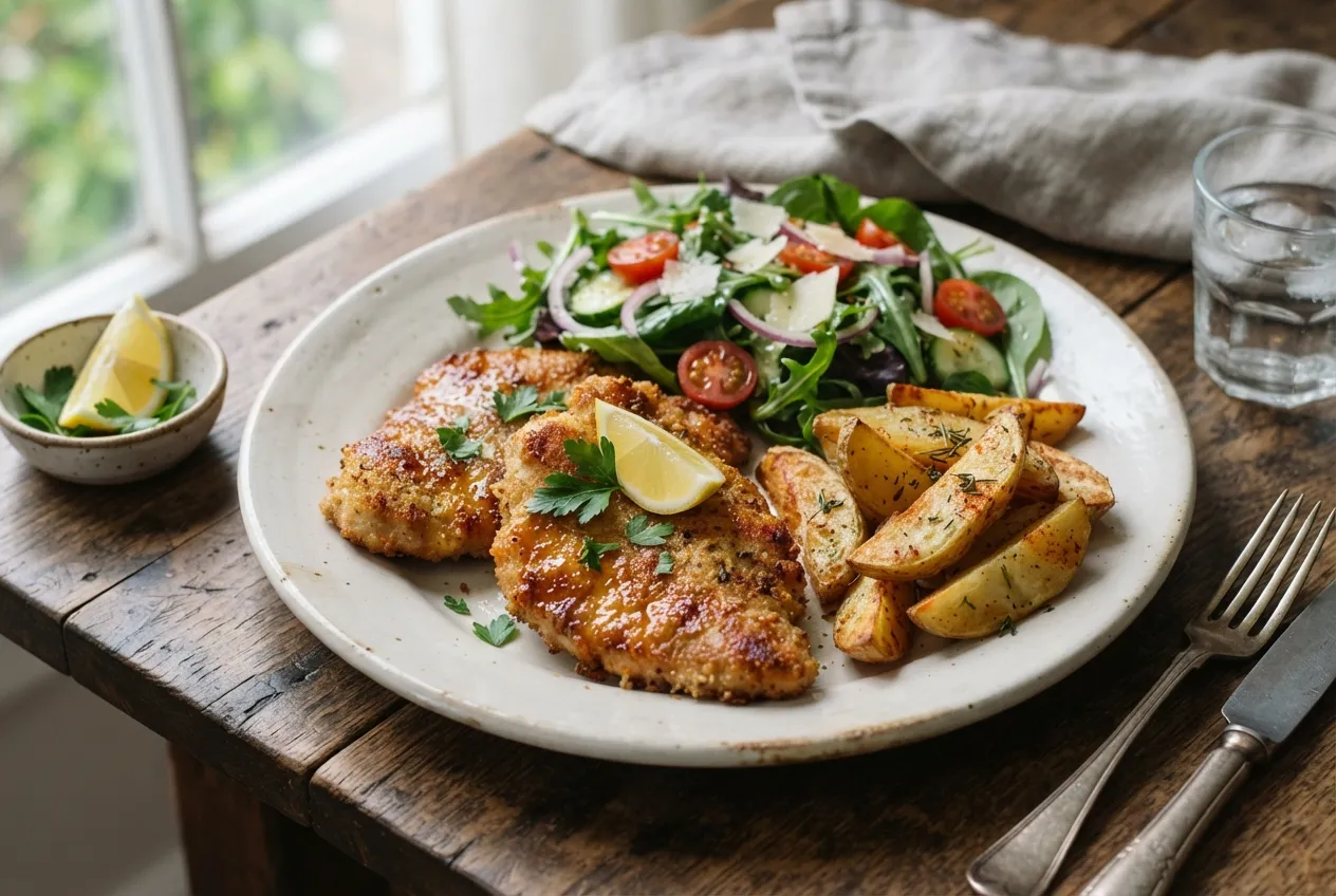 Milanesas de pollo al horno con papas rústicas y ensalada
