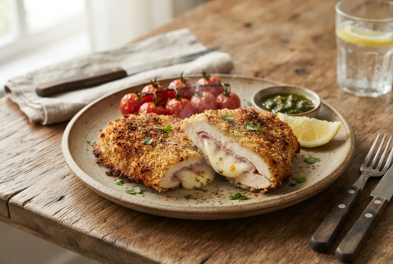 Milanesas de pollo rellenas con jamón y queso al horno