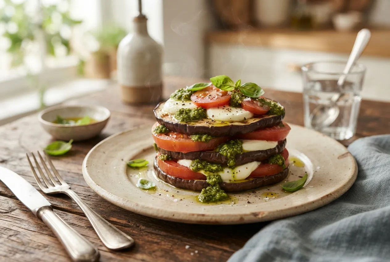 Milhojas de berenjena con tomate, mozzarella y pesto