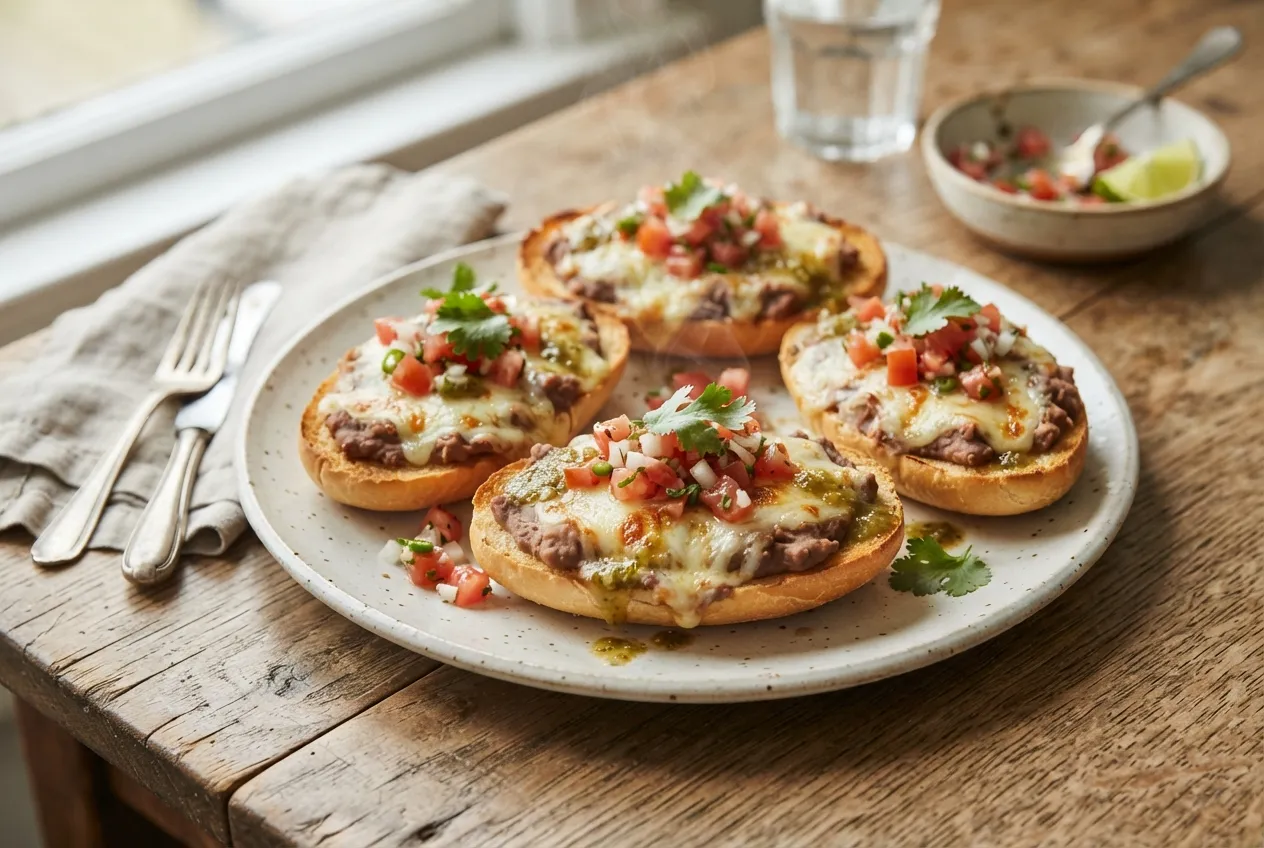 Molletes mexicanos con frijoles, queso y pico de gallo
