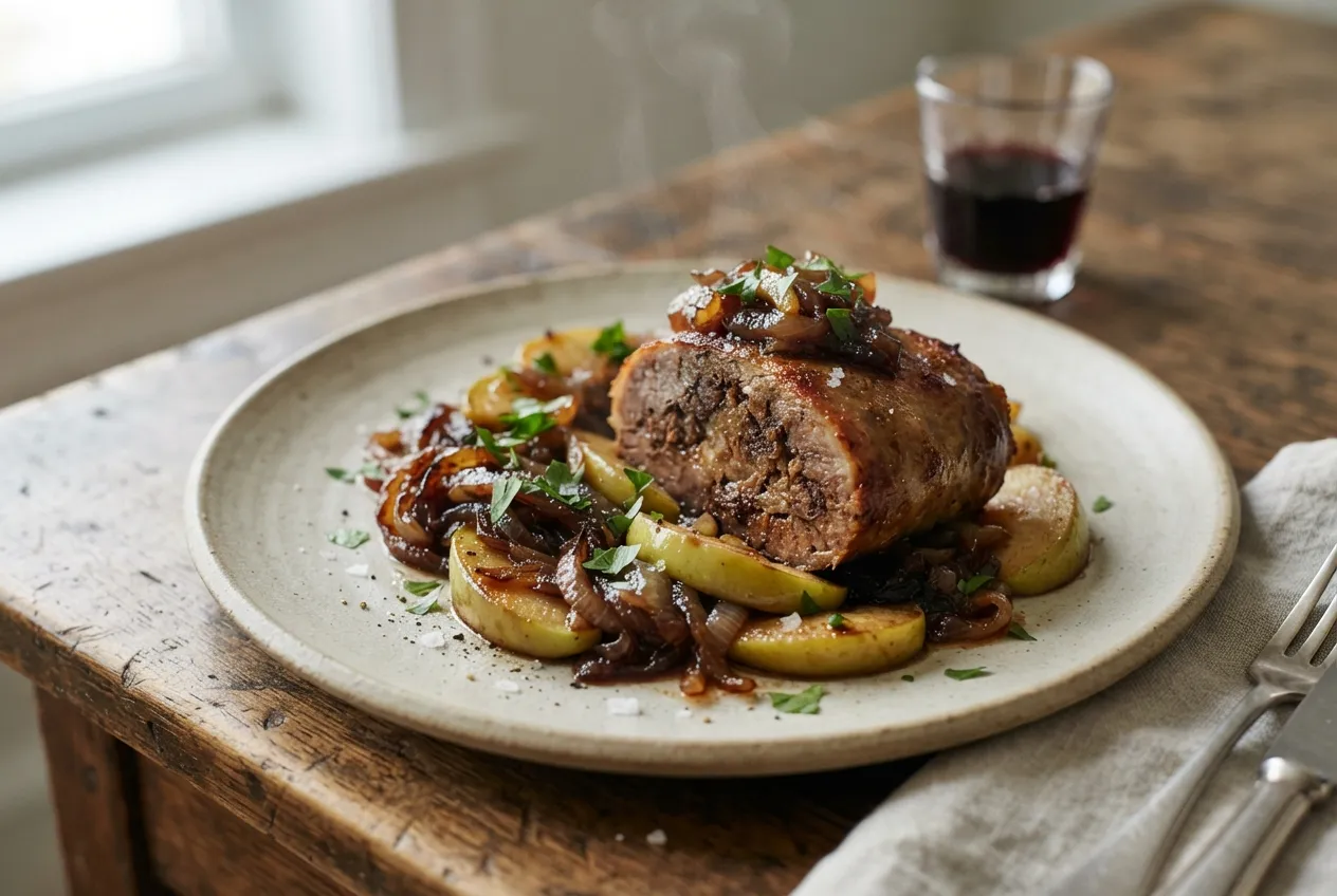 Morcilla arrollada con manzana y cebolla caramelizada
