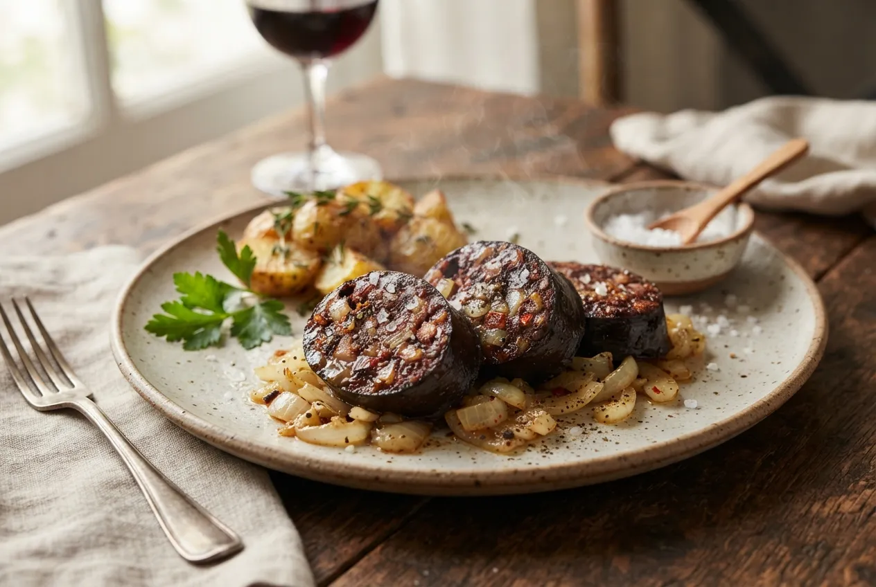 Morcilla casera con cebolla y especias para asar
