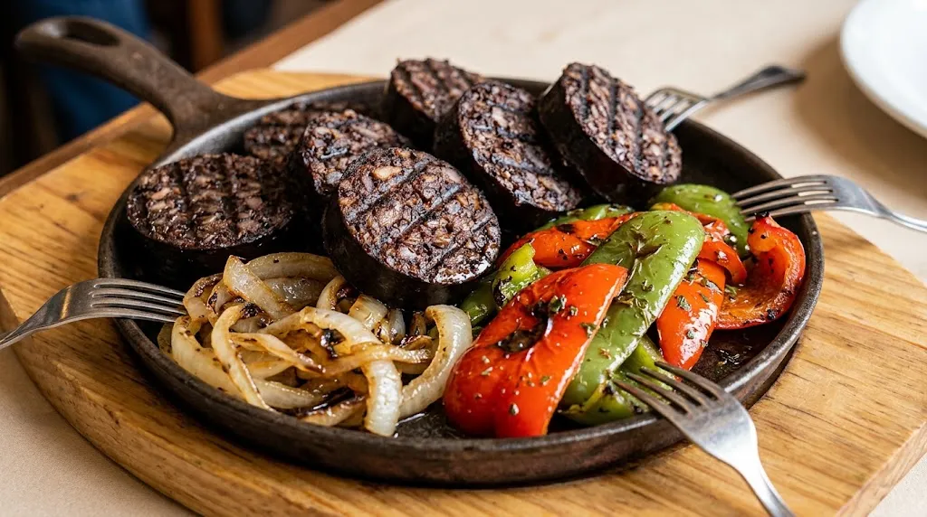 Morcilla con cebolla y morrones a la plancha para entrada