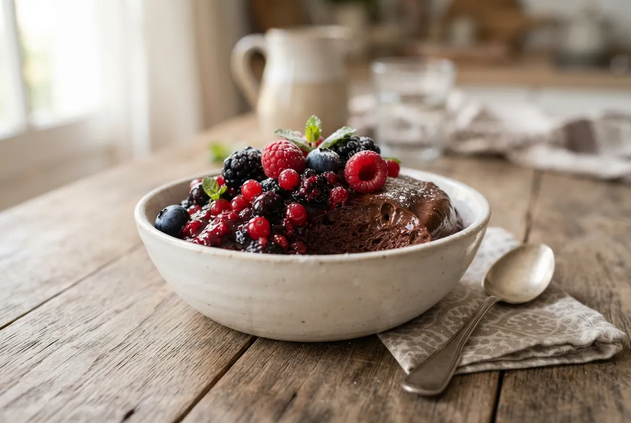 Mousse de chocolate amargo con cobertura de frutos rojos