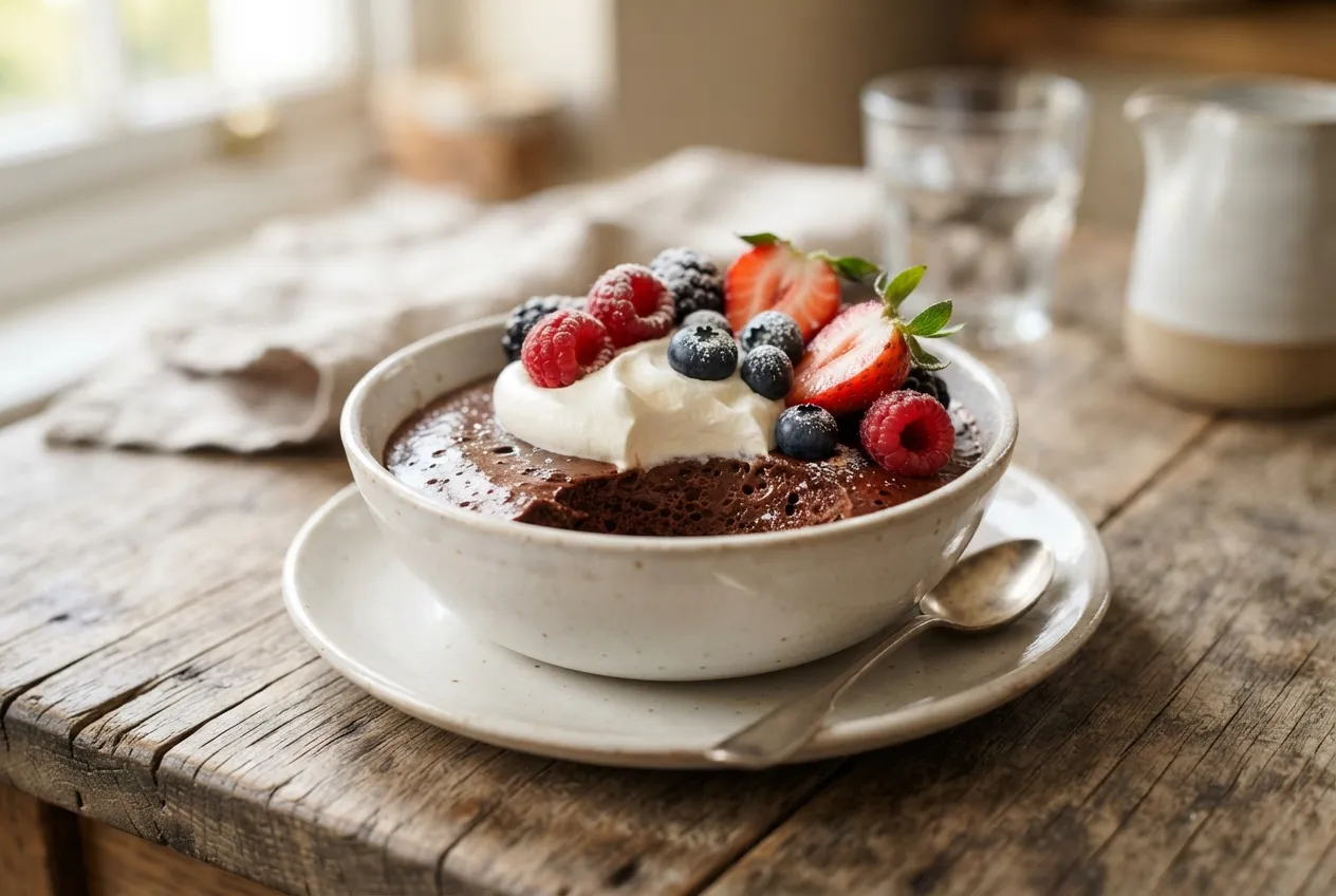 Mousse de chocolate con nata y fruta fresca para postre