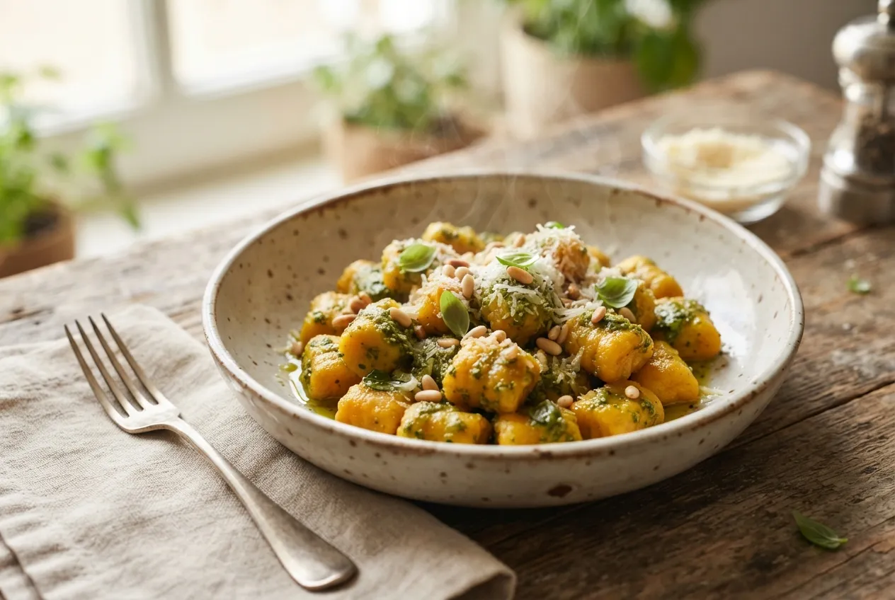 Ñoquis de calabaza caseros acompañados con salsa de pesto