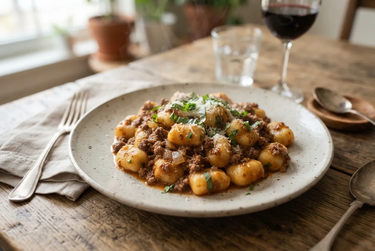 Ñoquis de mandioca con ragú de carne para cenar ligero