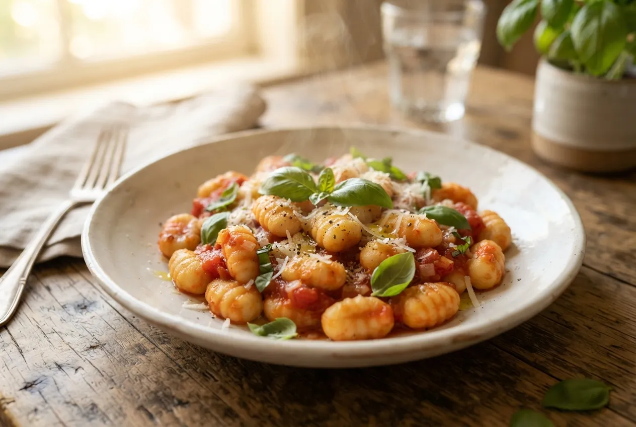 Ñoquis de papa caseros con salsa de tomate y albahaca fresca