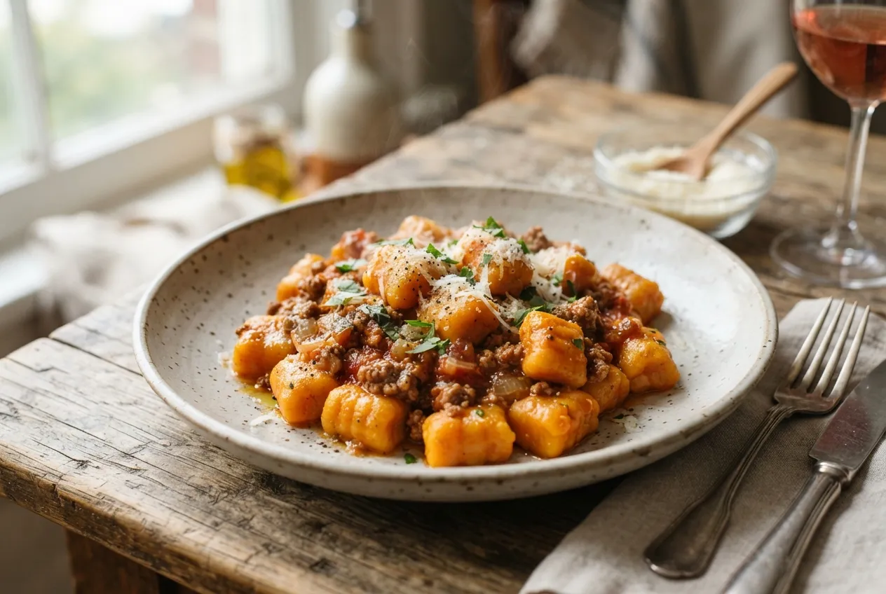 Ñoquis de zapallo con salsa de carne
