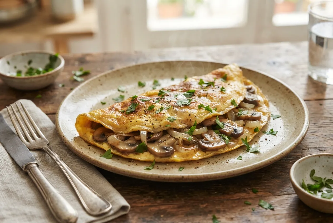 Omelette de champiñones y cebolla al ajillo
