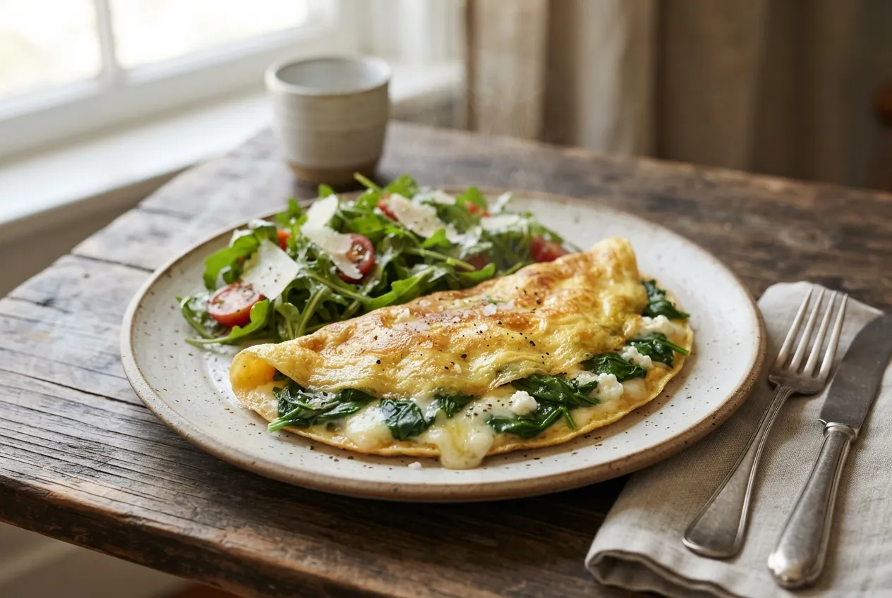 Omelette de espinaca y queso con ensalada de rúcula