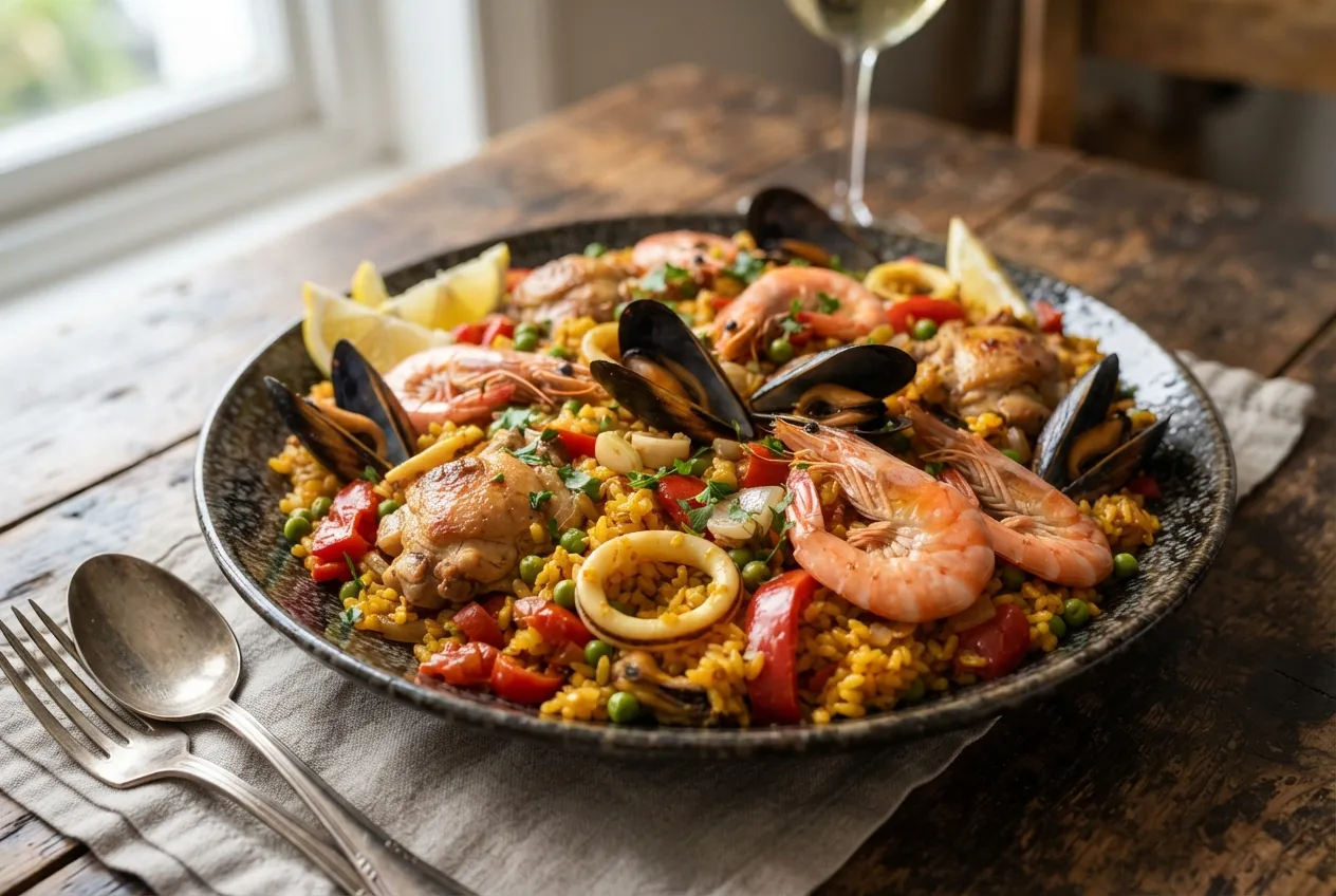 Paella mixta con mariscos y pollo paso a paso