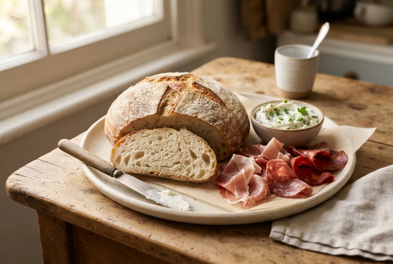 Pan de campo casero para untar con crema y fiambres