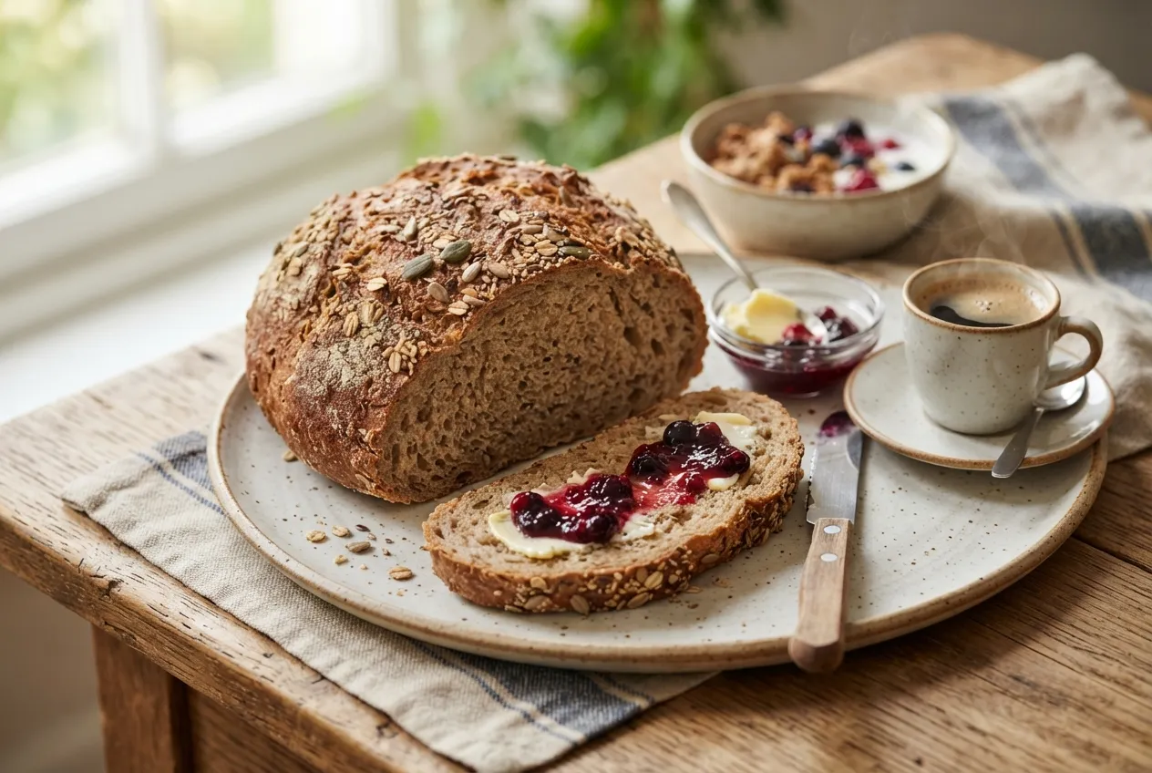 Pan casero integral con semillas para desayuno saludable
