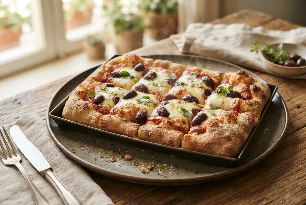 Pan casero de pizza con orégano y aceitunas