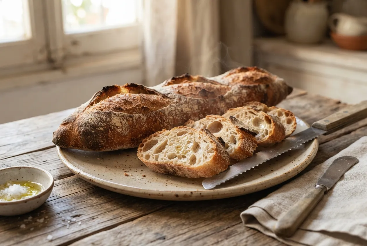 Pan casero tipo baguette con masa madre para acompañar