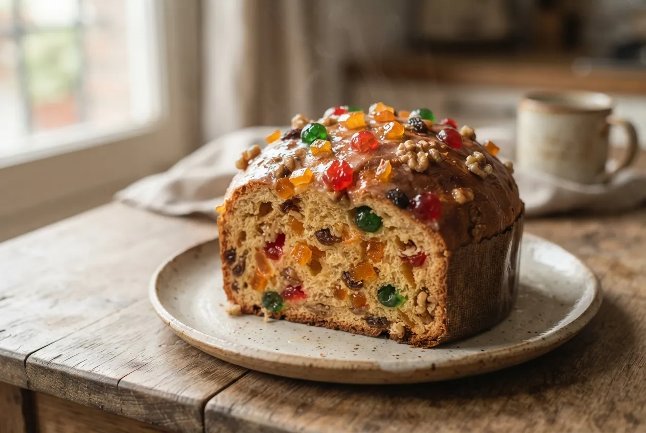 Pan dulce casero con frutas abrillantadas y nueces