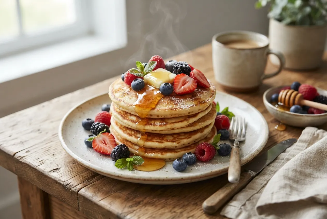 Pancakes caseros con miel y frutas para el desayuno