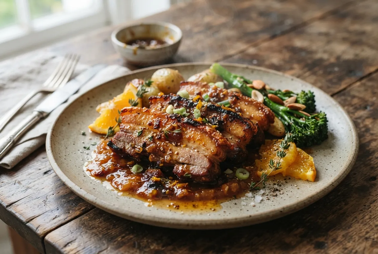 Panceta glaseada al horno con salsa de naranja