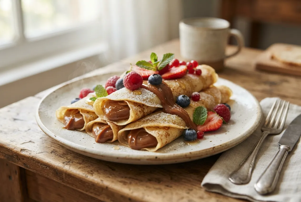 Panqueques dulces rellenos con dulce de leche y frutas