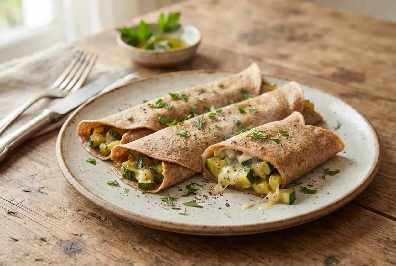 Panqueques de harina integral rellenos de zapallitos y queso