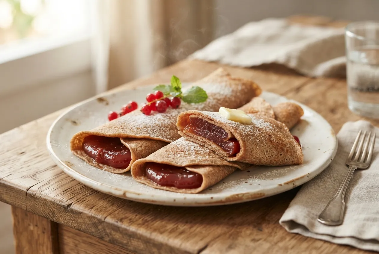 Panqueques integrales rellenos de dulce de membrillo