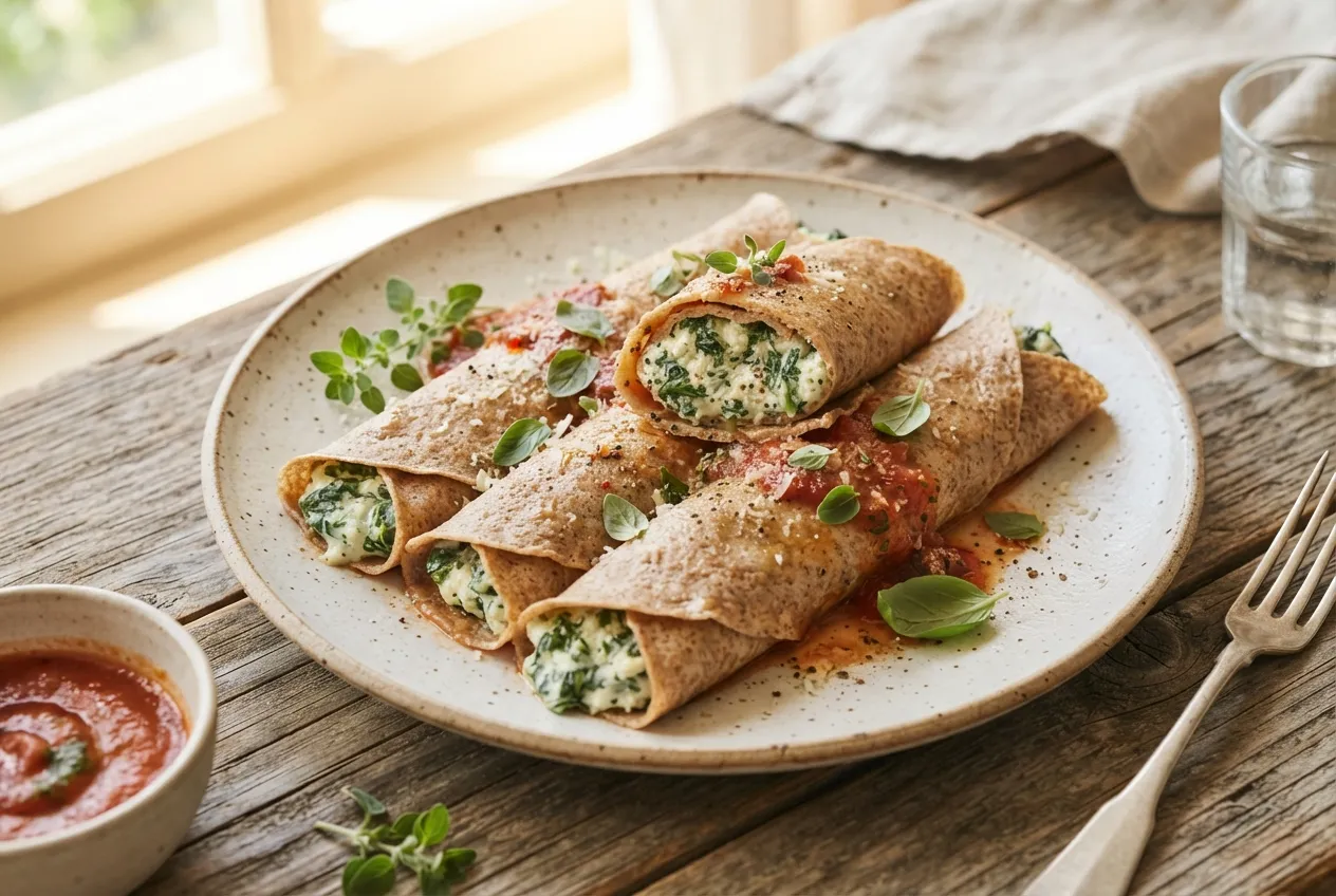 Panqueques integrales rellenos de espinaca y ricota light