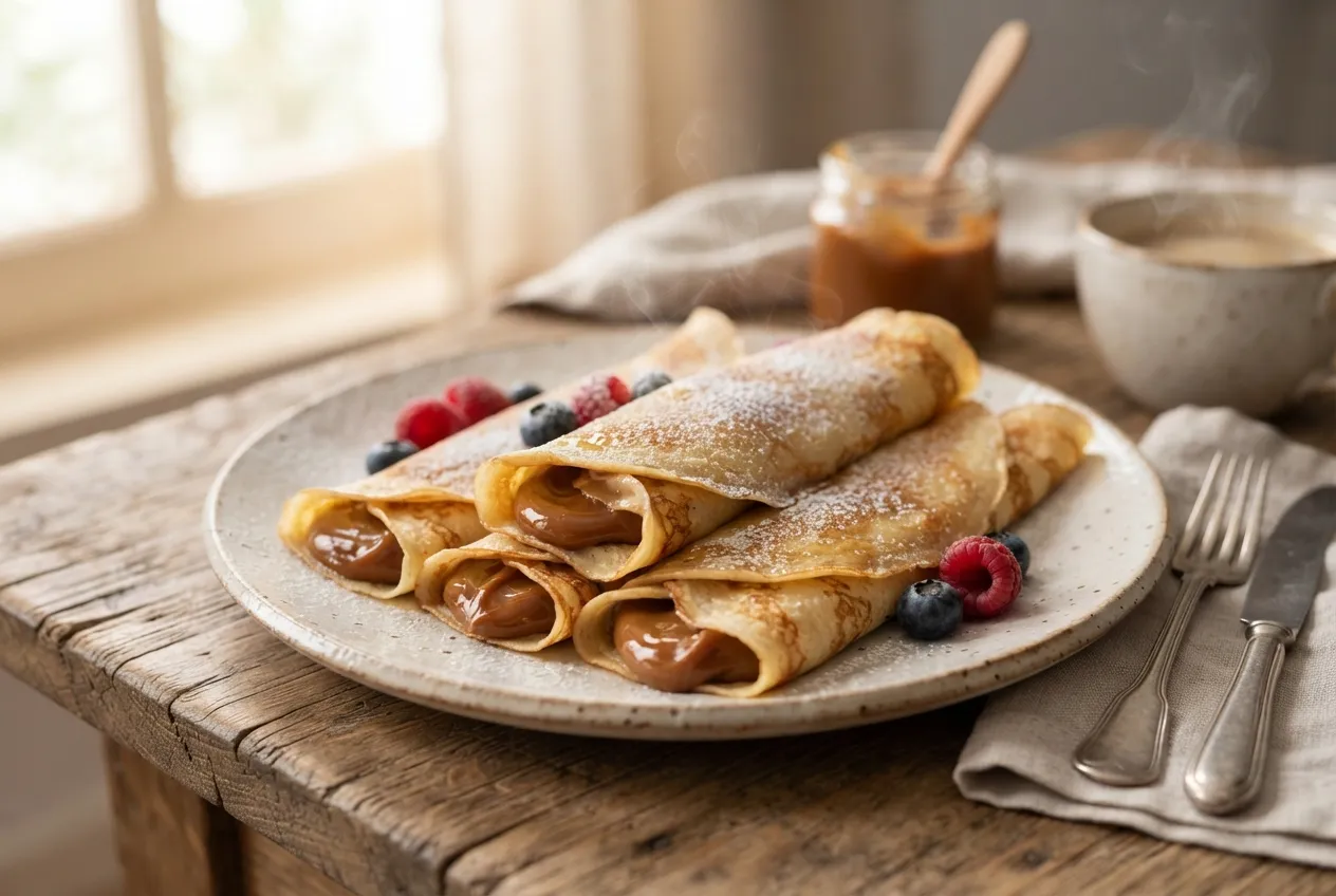 Panqueques rellenos de dulce de leche para desayuno fácil