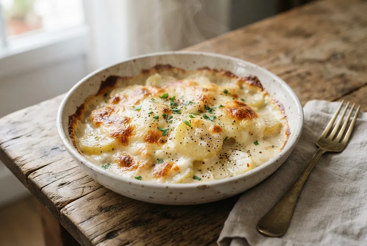 Papas a la crema con queso gratinado y pimienta negra
