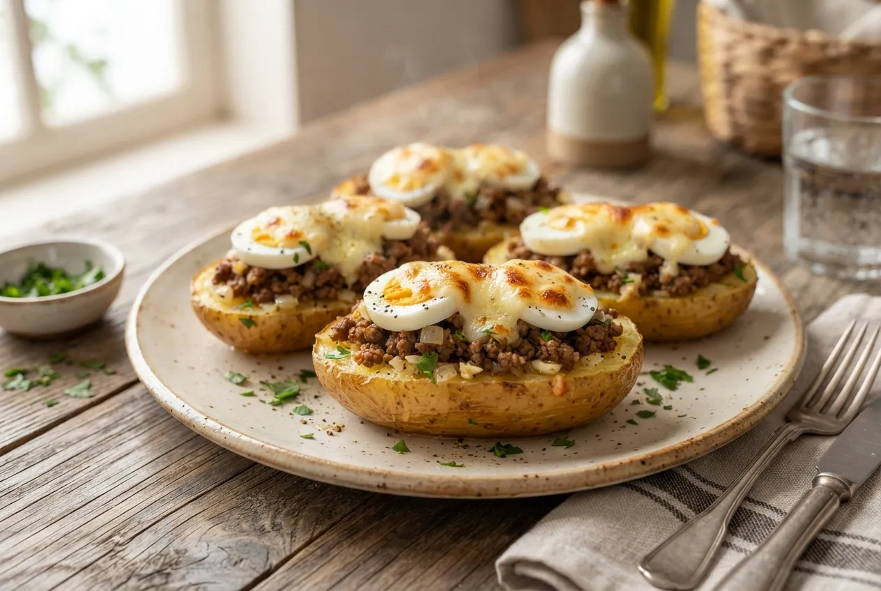 Papas rellenas de carne, huevo duro y queso gratinado
