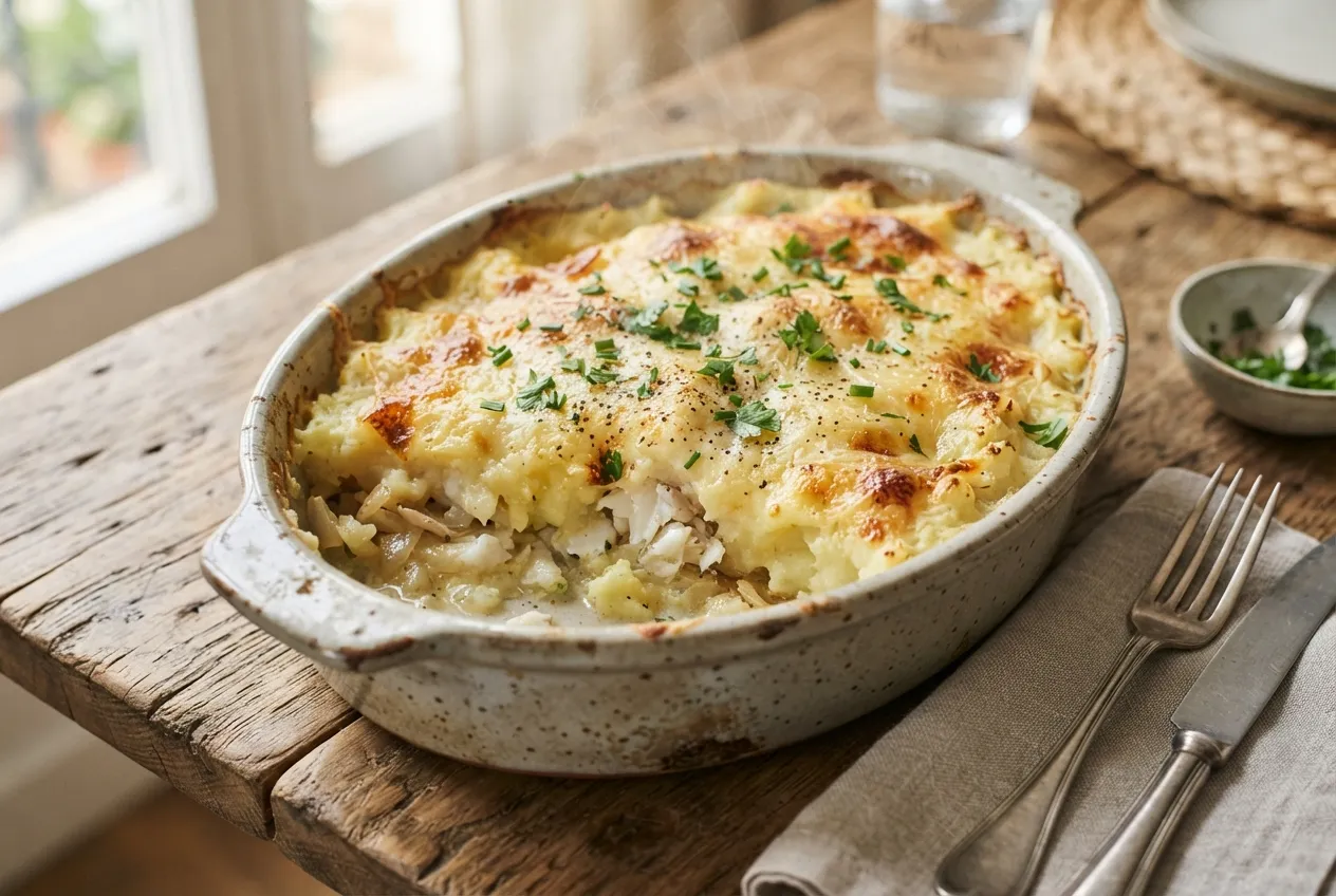 Parmentier de merluza con puré gratinado