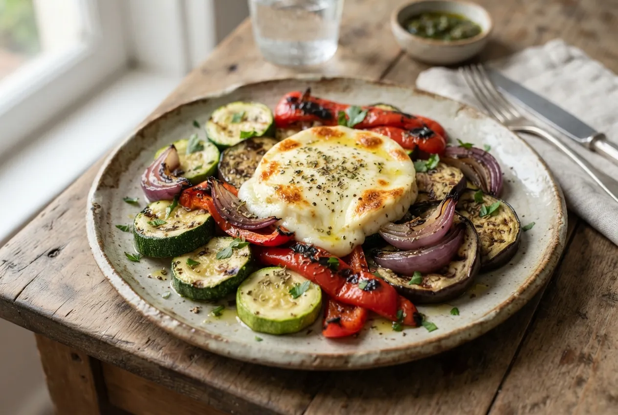 Parrillada de verduras con queso provolone a la plancha