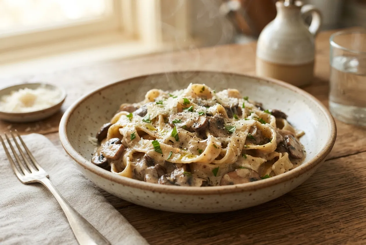 Pasta casera con salsa de hongos y crema