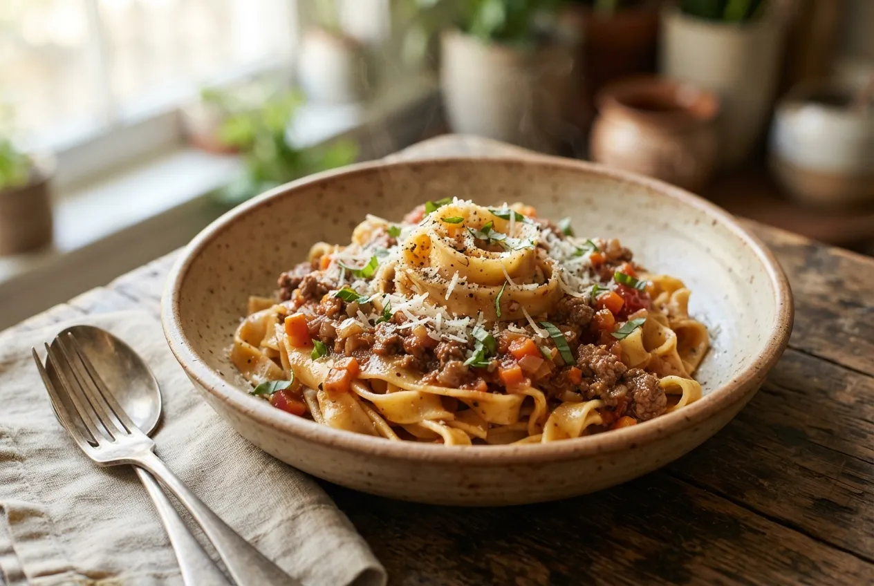 Pasta fresca casera para tallarines con salsa bolognesa