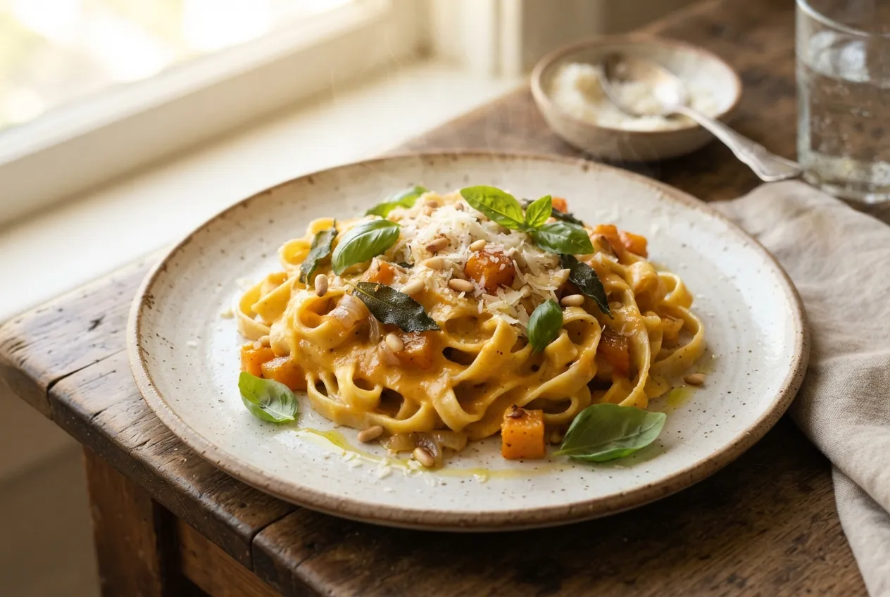 Pasta fresca con salsa de calabazas y albahaca
