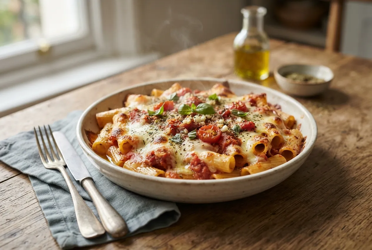 Pasta gratinada con mozzarella, tomate y orégano