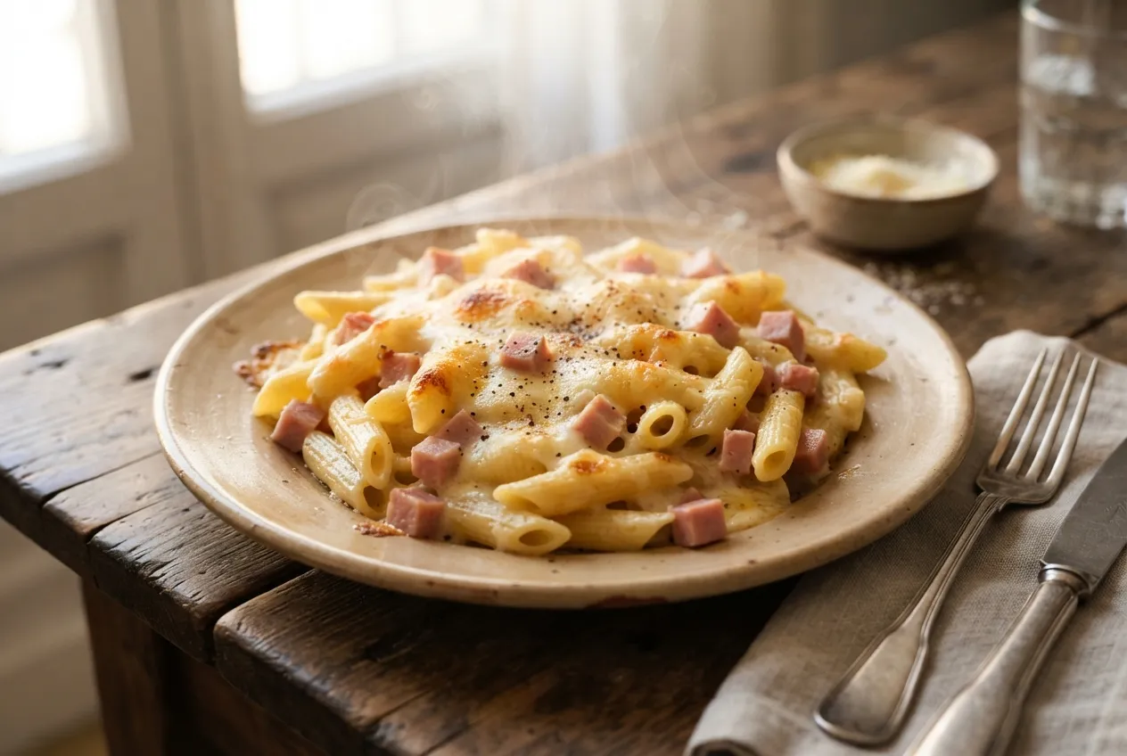 Pasta al horno con salsa bechamel y jamón