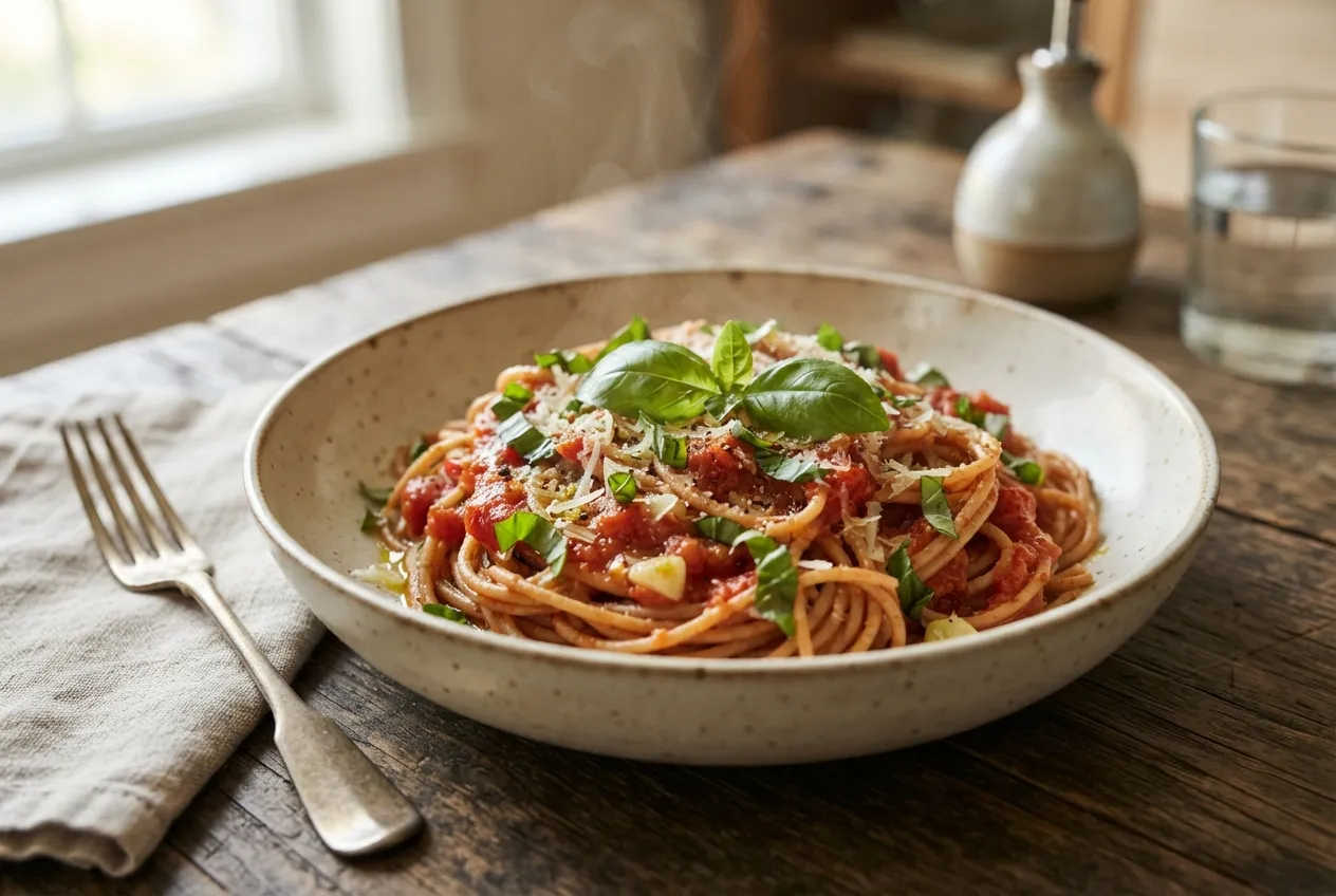 Pasta integral con salsa de tomate y albahaca fresca