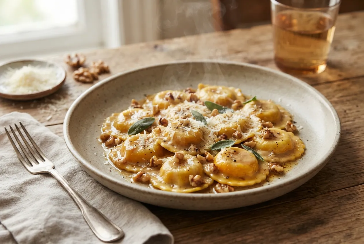 Pasta rellena de calabaza con salsa de nueces